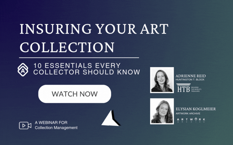 Insuring Your Art Collection 10 Essentials Every Collector Should Know written on a dark blue background with a white arrow pointing to a Watch Now button