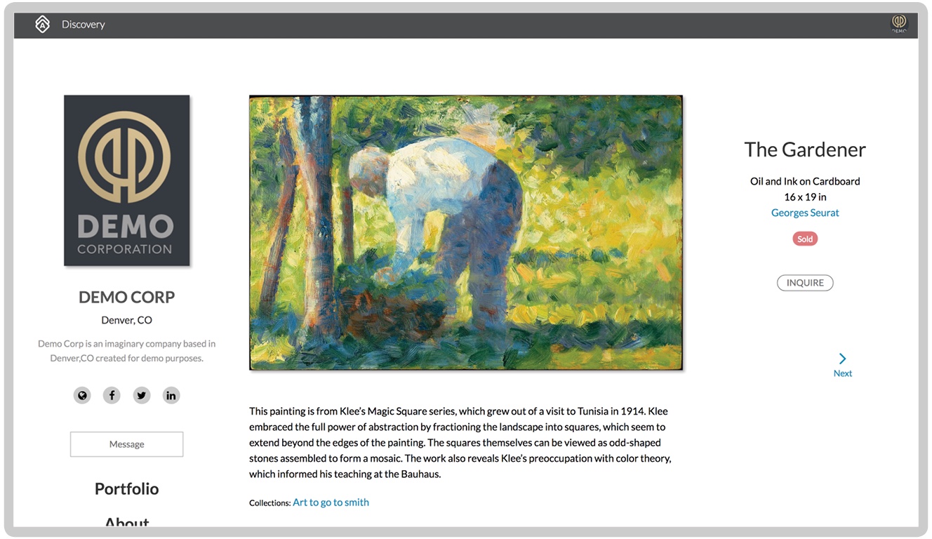 Art collection discovery and sharing interface