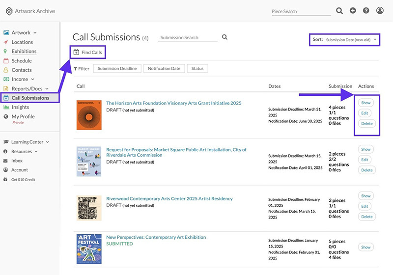 Screenshot of Artwork Archive's call for entry feature