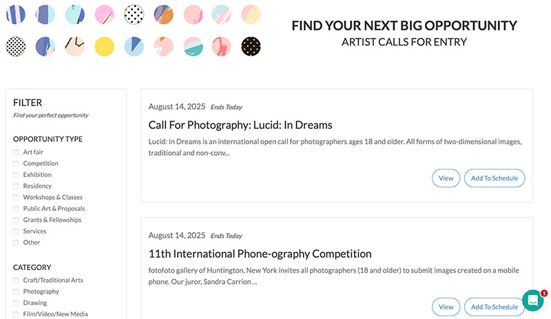 A graphic of the Artwork Archive Calls for Entry page