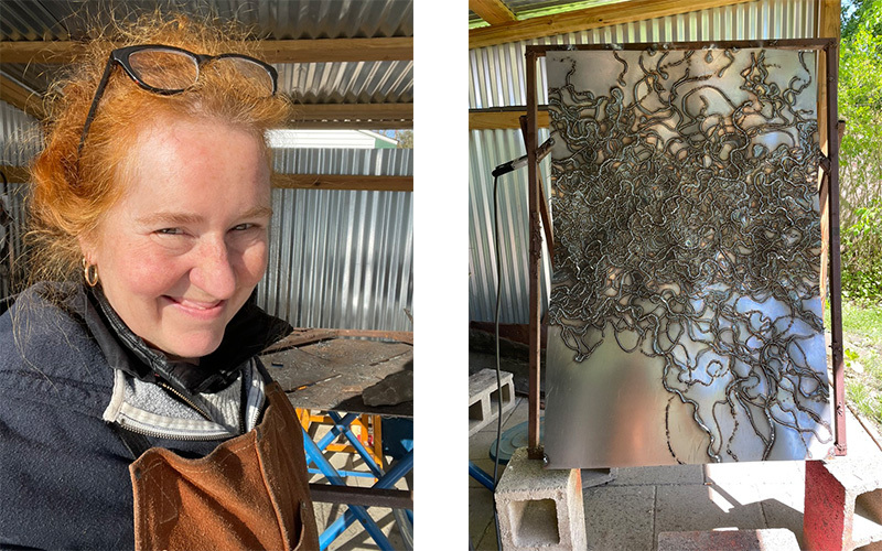 Marieken Cochius with her welded artwork