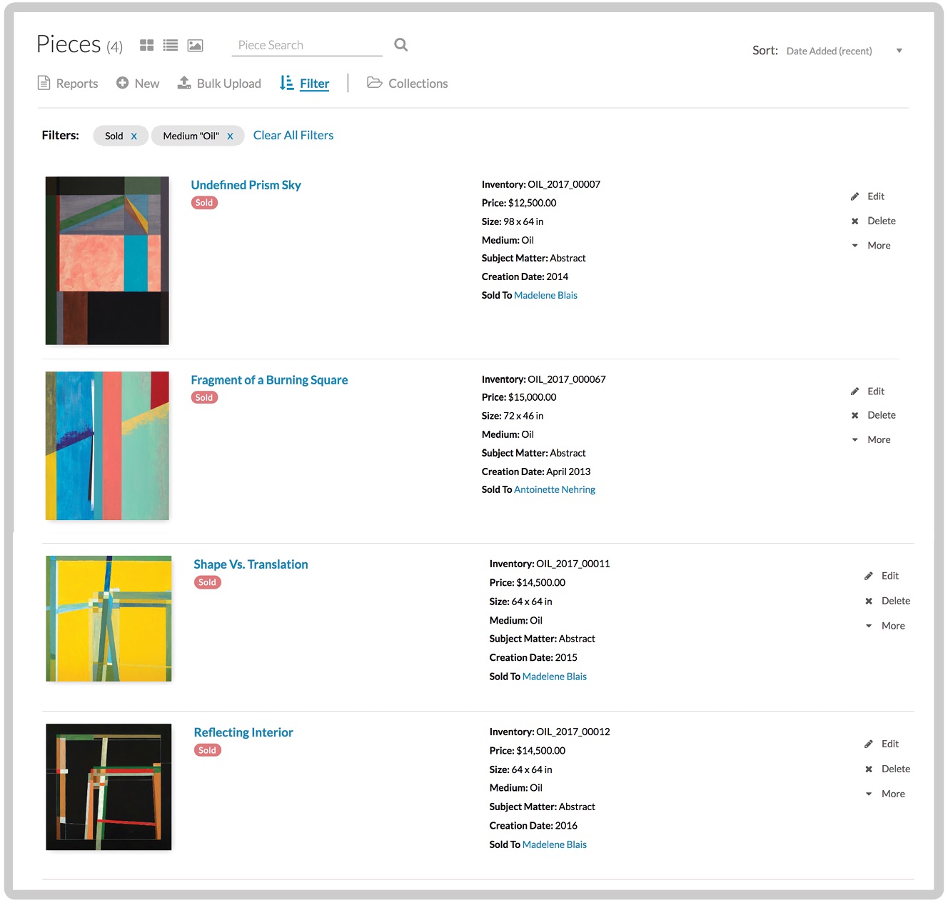 Artwork Archive interface showing organized artwork list
