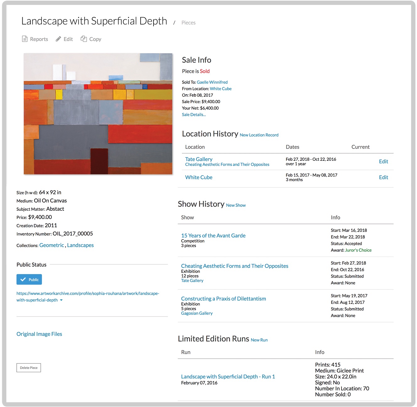 Detailed artwork view in Artwork Archive