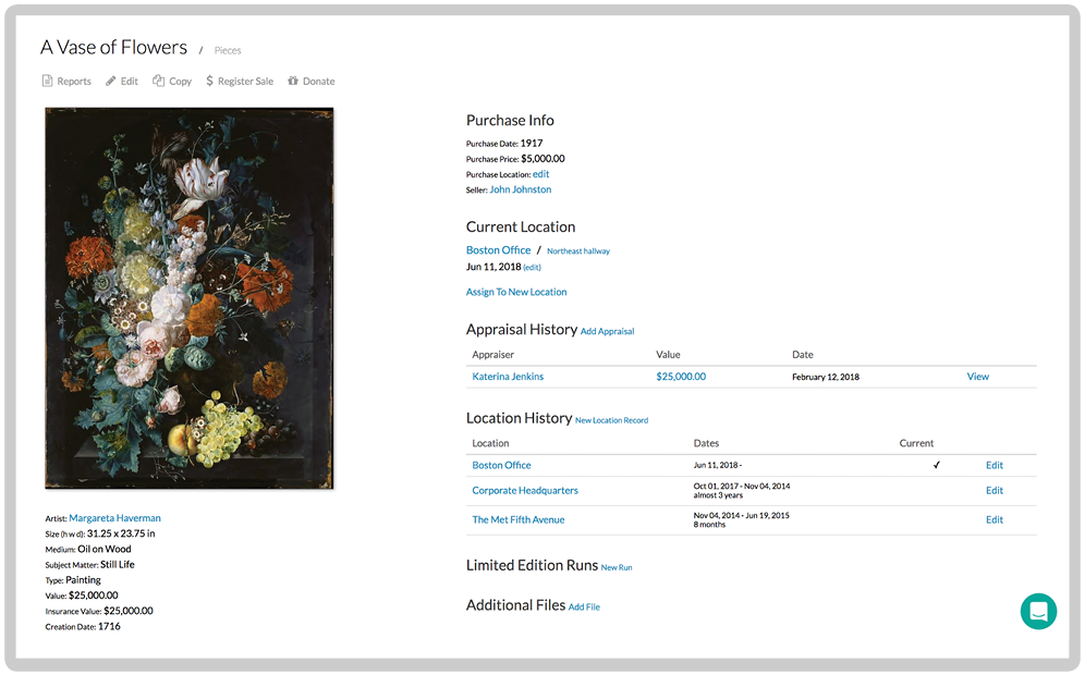 Art collection provenance interface showing detailed artwork history
