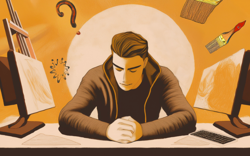 An illustration of an artist sitting at a desk with his head slightly bowed and hands clasped, eyes closed in a contemplative or fatigued expression. The background is a warm golden hue, with floating elements including paintbrushes, an abstract paint splatter, a red question mark, and two computer monitors displaying abstract artwork. An easel is visible to the left, adding to the sense of creative overload. The overall mood suggests overwhelm or burnout in a creative workspace.