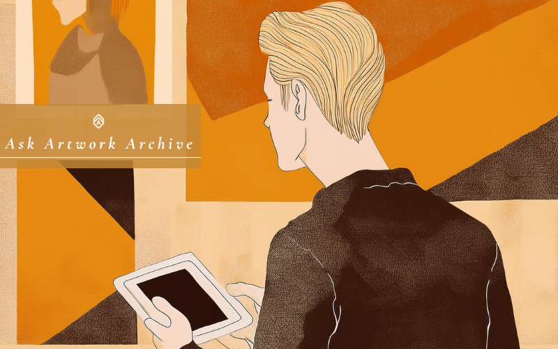 An illustration in a warm orange and brown color palette showing a person with blonde hair from behind, wearing a dark jacket and holding a tablet or mobile device. They appear to be looking at artwork on a wall, with text reading "Ask Artwork Archive" visible in the upper portion of the image. The style is minimalist and graphic, with geometric shapes creating the background composition.