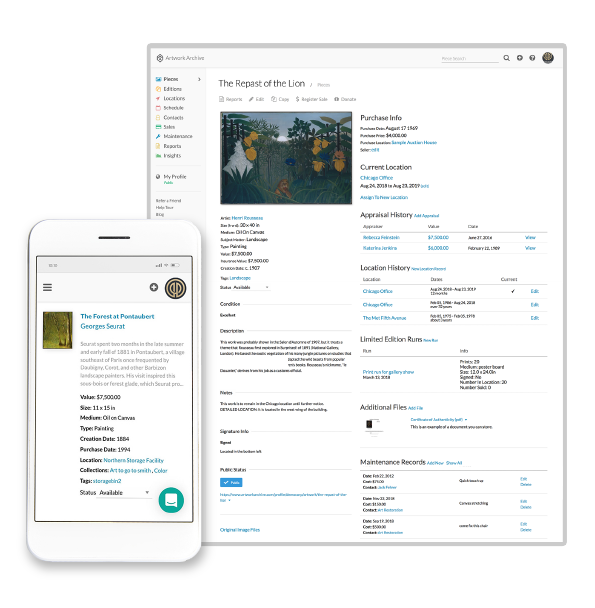 Screenshot of Artwork Archive's art collection management platform, showing a detailed artwork record on a desktop and a mobile view of a different artwork record.