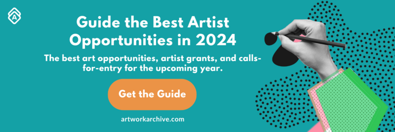 The image features a promotional advertisement from Artwork Archive, highlighting a resource for artists. The text reads "Guide the Best Artist Opportunities in 2024," which suggests that the guide offers a curated list of significant opportunities for artists, such as grants, and calls-for-entry in the coming year. The phrase "Get the Guide" serves as a call-to-action, implying that the guide is available for interested individuals. A hand holding a paintbrush over a canvas or notepad is also visible, symbolizing the act of creating art. The background pattern of dots adds a dynamic and artistic touch to the design.