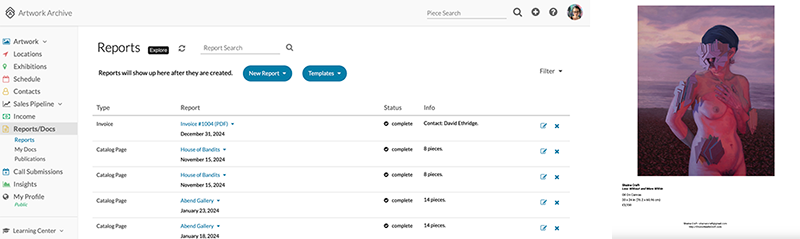 A screenshot of an art report generator