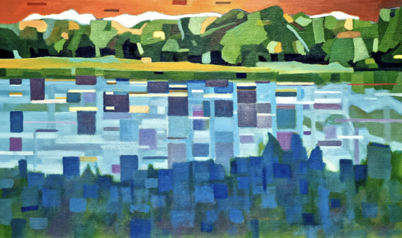 An abstract landscape painting featuring a lake or water body with its reflection. The composition is divided horizontally, with snow-capped mountains and green foliage in the background beneath an orange sky. The water reflection is rendered in a mosaic-like pattern of blue, purple, and turquoise rectangular shapes. The painting style is modern and geometric, with distinct blocks of color creating a semi-abstract interpretation of a natural scene.