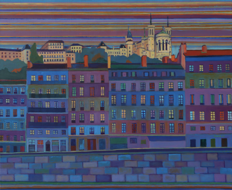 A vibrant painting of a Parisian cityscape at dusk, featuring rows of colorful apartment buildings with illuminated windows in blues, purples, and greens. The Basilica of Notre-Dame de Fourvière sits prominently on the hilltop in the background. The sky is depicted in dramatic horizontal stripes of orange, purple, and blue. A cobblestone embankment or wall runs along the bottom of the painting, rendered in a patchwork of cool-toned blocks. The architectural style and composition suggest this is a view of Lyon, France.