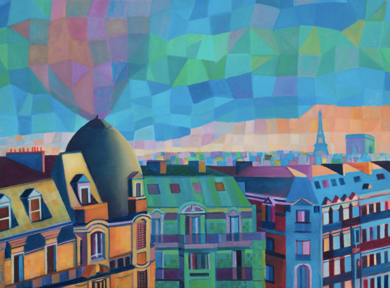 A vibrant, colorful painting of a Parisian cityscape featuring traditional Haussmann-style buildings with mansard roofs in the foreground. The architecture is rendered in bold yellows, greens, and blues, with distinctive details like dormer windows and ornate facades. The sky is depicted in a mosaic-like pattern of turquoise and blue geometric shapes, with hints of pink and purple. The Eiffel Tower is visible in the background against a peachy-orange horizon. The painting style is modern and semi-abstract, using geometric shapes and bright colors to capture the city's character.