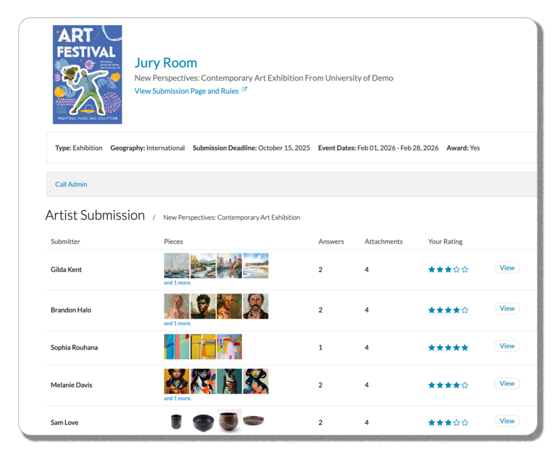 A jury room dashboard displaying a list of artist submissions, each with thumbnails of submitted artworks, number of attachments, and individual juror ratings.          Ask ChatGPT