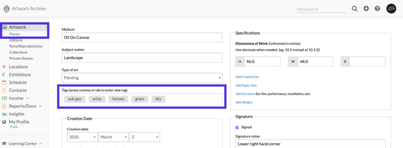 Artwork Archive's Tags feature