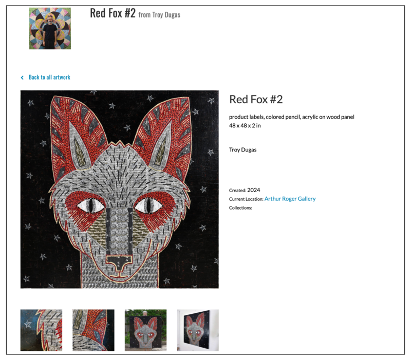 An example of an online viewing room, or Private Room on Artwork Archive from artist Troy Dugas with his work.