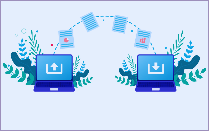 Illustration of two laptops with an upload icon on the left and a download icon on the right, connected by a curved dashed line with floating document icons, symbolizing data transfer or file sharing. The background features abstract foliage and decorative elements.