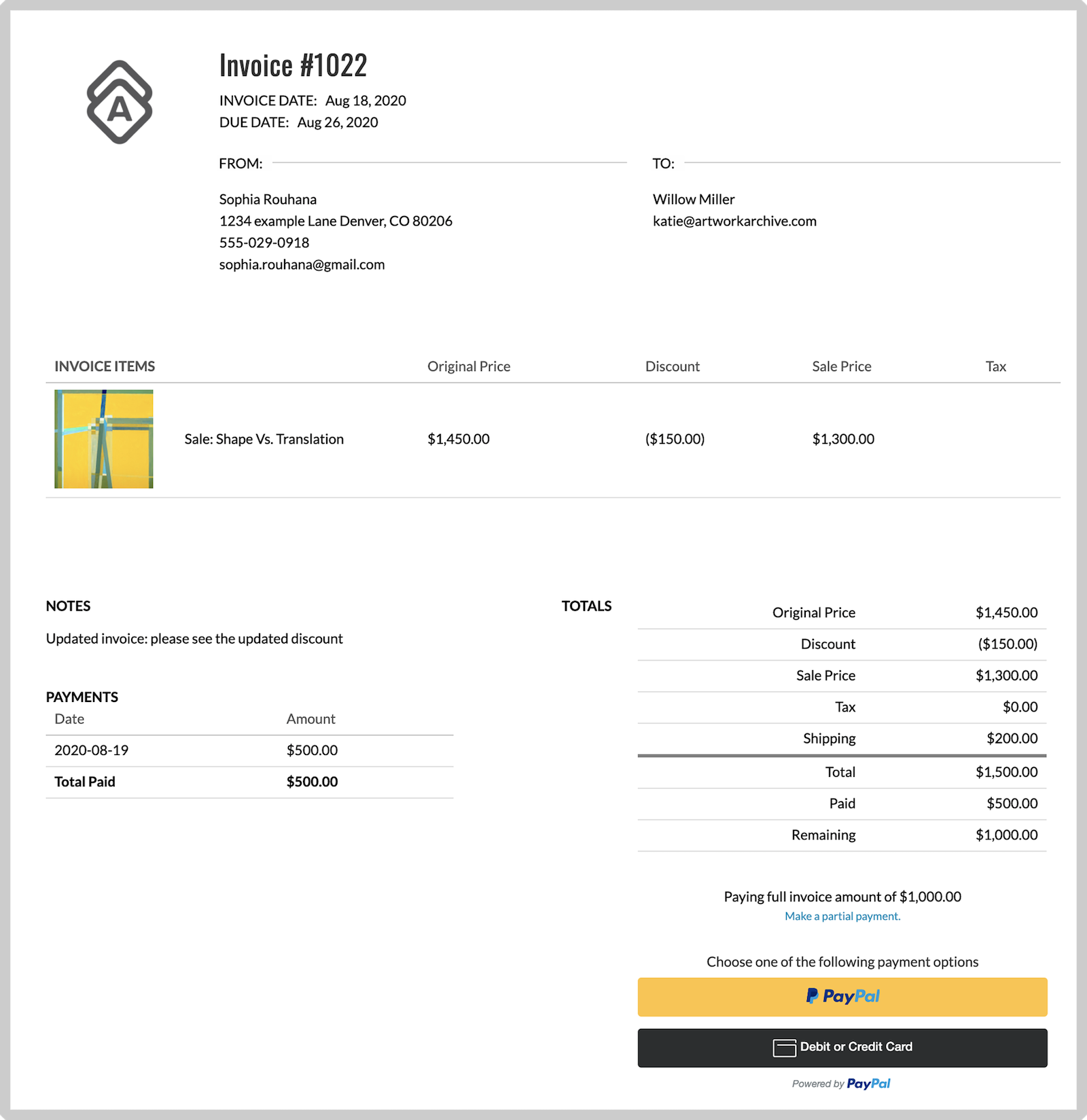 Invoice creation interface