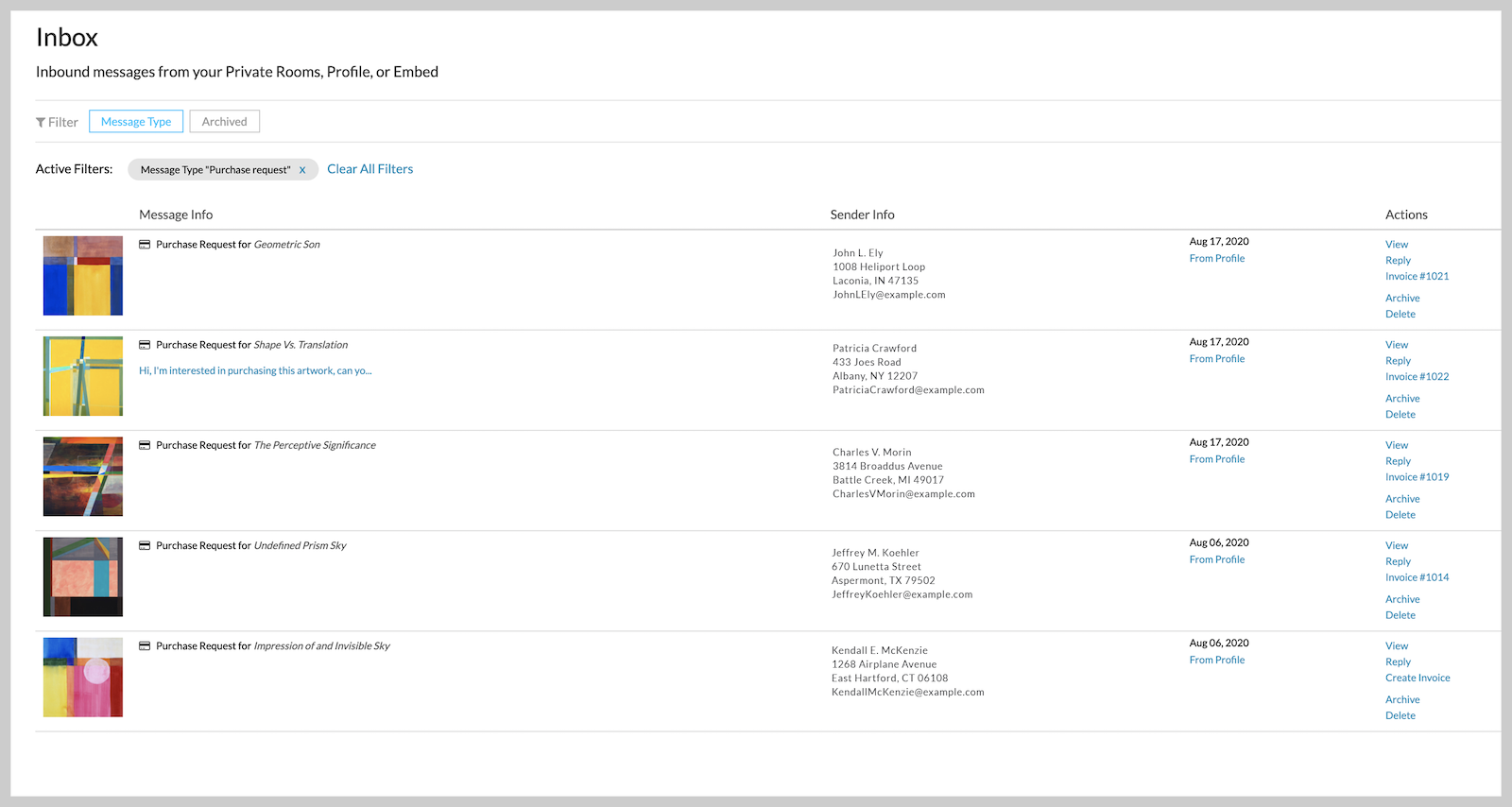 Artwork Archive inbox interface